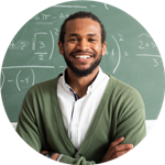 man standing before chalkboard with math equations